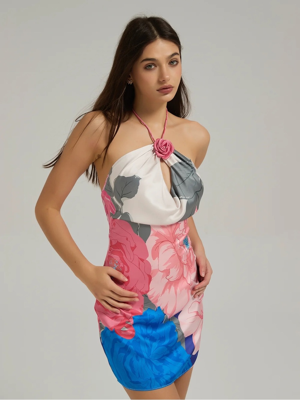 Pinky Slay Pink Floral Halter Mini Dress in Pink, Blue & White with Petal Detail